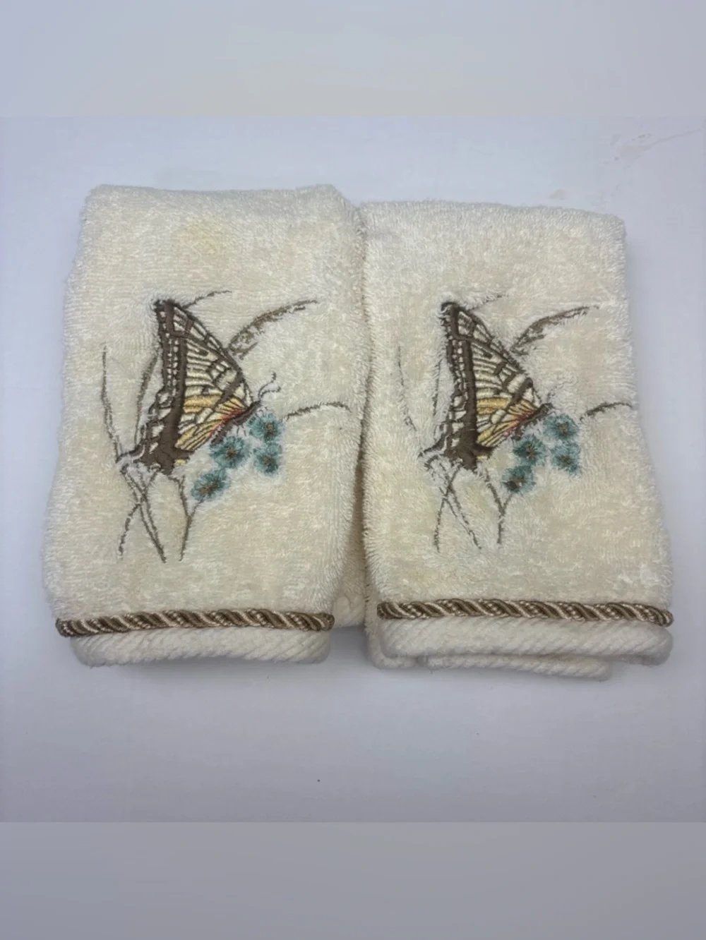 Croscill Butterfly Hand Towels Set of 2 Embroidered Cream Brown Blue Cottagecore
